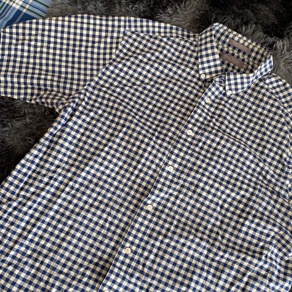 Daniel Crémieux navy pale yellow plaid checkered short-sleeve button down shirt - Picture 3 of 17
